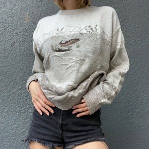 Vintage 90s textured / woven pull over sweater, gone fishin!